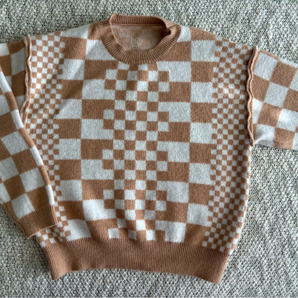 Fun tan and white checkered sweater